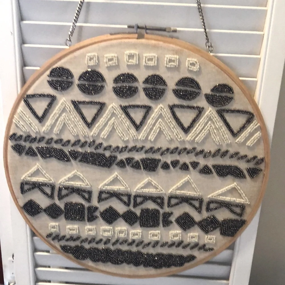 Beautiful Vintage Beaded Indian Design Wall Hanging on embroidery hoop w/chain.